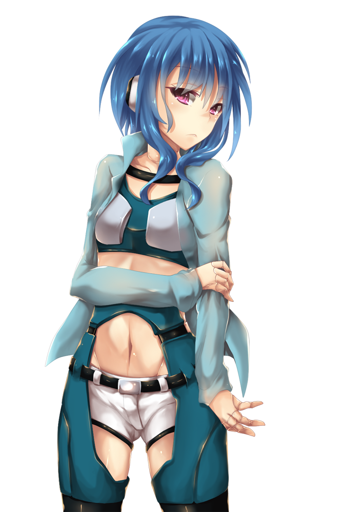 1girl, alpha_(acerailgun), android, blue_hair, borrowed_character, cowboy_shot, doll_joints, female_focus, fi-san, flat_chest, forbiddenimmortality, hand_on_own_arm, joints, long_hair, long_sleeves, navel, original, pink_eyes, solo, transparent_background