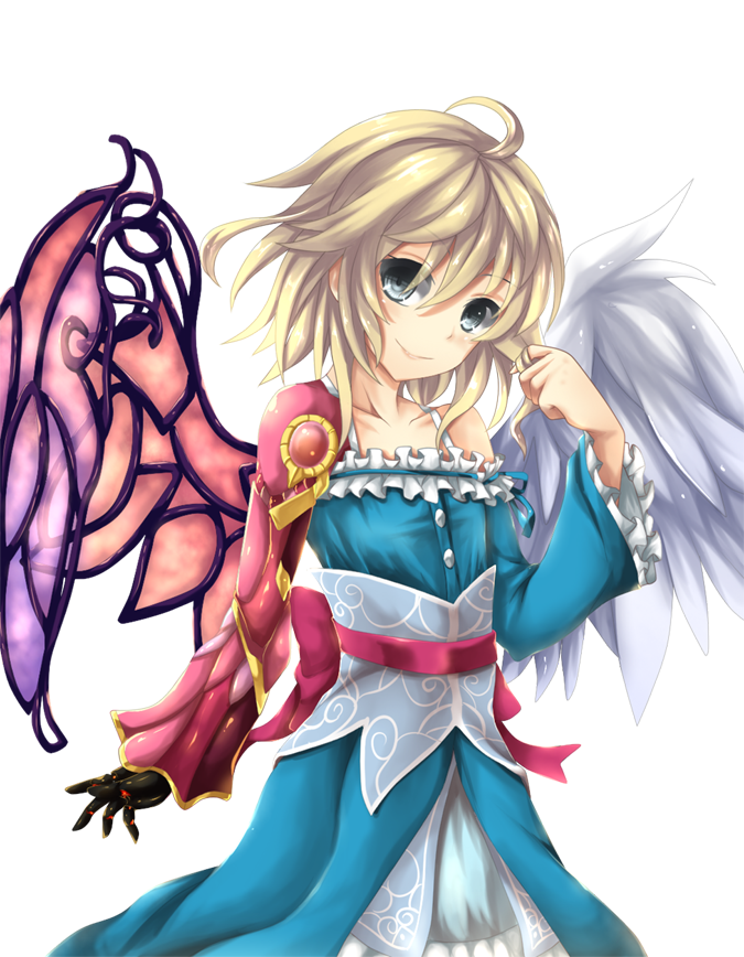 1girl, ahoge, angel, angel_wings, asymmetrical_wings, bare_shoulders, blonde_hair, borrowed_character