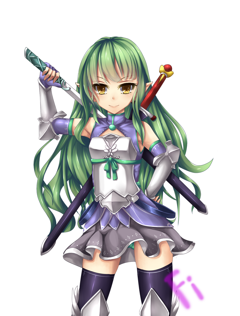 1girl, armor, bare_shoulders, borrowed_character, cowboy_shot, female_focus, fi-san, fingerless_gloves, forbiddenimmortality, gloves, greaves, green_hair, green_panties, hand_on_own_hip, long_hair, original, panties, pantyshot, rynn_(acerailgun), sheath, sheathed, signature, skirt, solo, sword, thighhighs, transparent_background, underwear, unsheathing, vambraces, very_long_hair, weapon, yellow_eyes, zettai_ryouiki