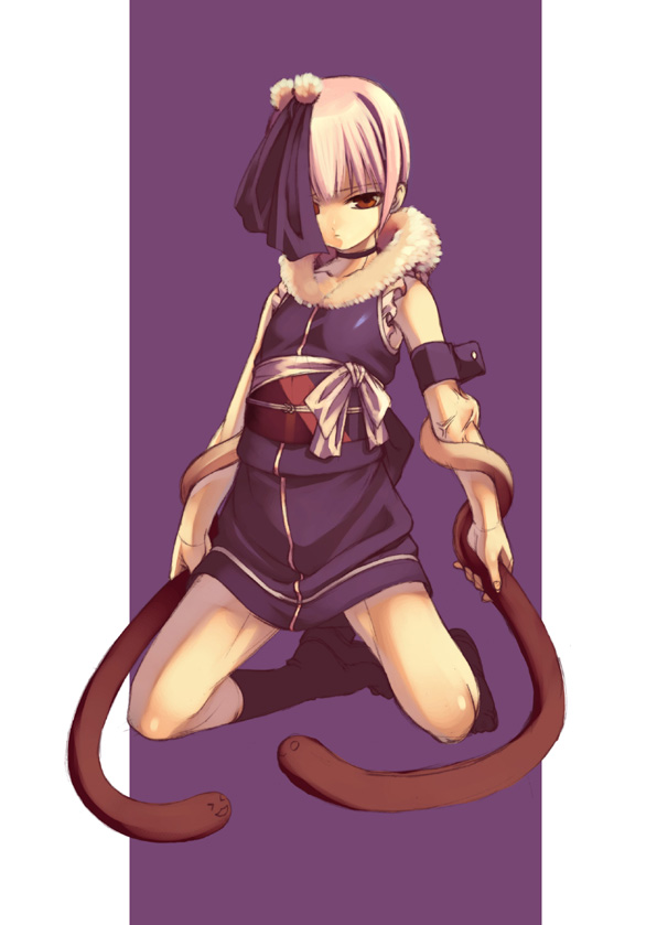 1girl, bare_shoulders, blunt_bangs, collar, dress, female_focus, full_body, fur_collar