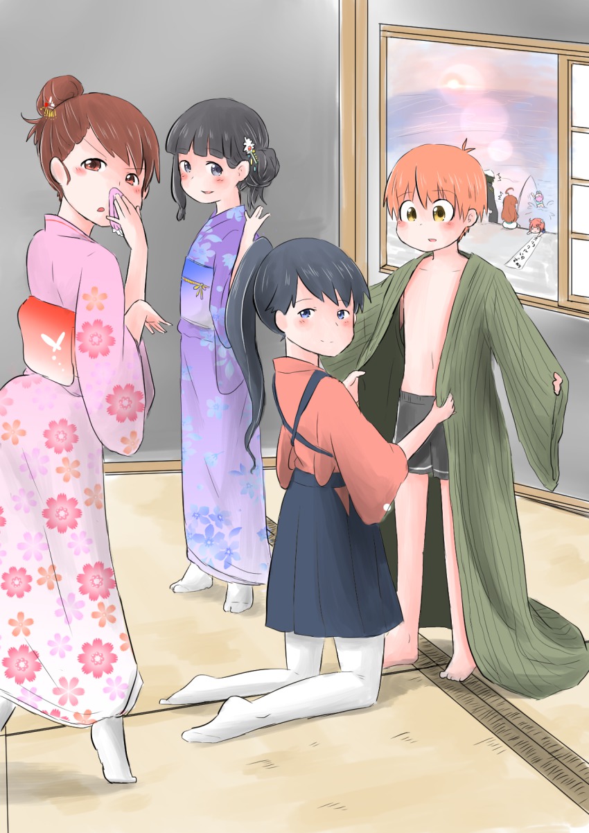 10s, 1boy, 6+girls, admiral_(kancolle), age_difference, boxers, dressing, fishing, highres, hiro-nosuke, houshou_(kancolle), i-58_(kancolle), japanese_clothes, kantai_collection, kimono, kiso_(kancolle), kitakami_(kancolle), kuma_(kancolle), little_boy_admiral_(kancolle), male_underwear, mochisaka_mitsuki, multiple_girls, onee-shota, ooi_(kancolle), pantyhose, ponytail, tama_(kancolle), underwear