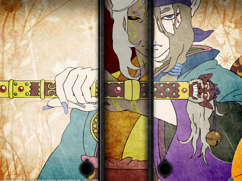 1boy, bandana, bell, blonde_hair, blue_eyes, bow, dark-skinned_male, dark_skin