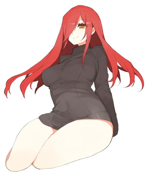 1girl, bad_id, bad_twitter_id, breasts, curvy, dress, female_focus, hair_over_one_eye