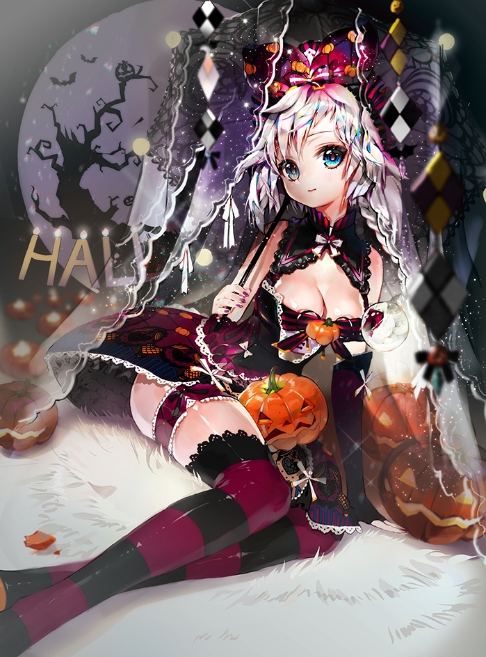 1girl, bare_shoulders, blue_eyes, braid, braided_ponytail, breasts, cleavage, crab_d, female_focus, halloween, jack-o'-lantern, looking_at_viewer, miu_(qurare), qurare_magic_library, single_braid, sitting, smile, solo, striped_clothes, striped_thighhighs, thighhighs, white_hair