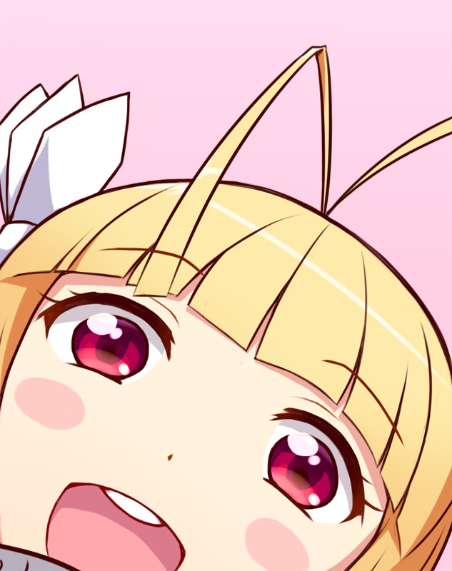 1girl, ahoge, antenna_hair, blonde_hair, blush_stickers, close-up, derivative_work, female_focus