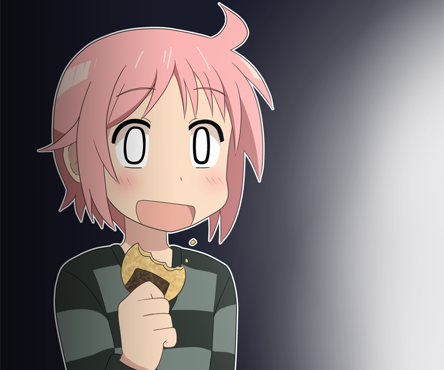 1girl, :d, blush, empty_eyes, female_focus, food, nonohara_yuzuko, open_mouth