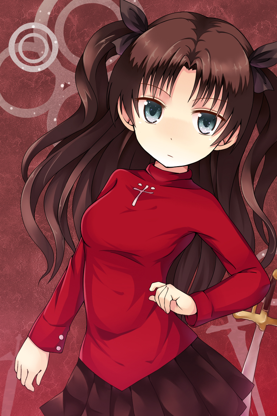 1girl, aqua_eyes, bad_id, bad_pixiv_id, black_skirt, brown_hair, fate/stay_night, fate_(series)