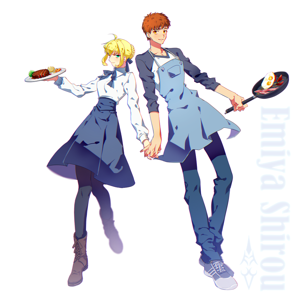 1boy, 1girl, ahoge, apron, artoria_pendragon_(fate), blonde_hair, emiya_shirou, fate/stay_night