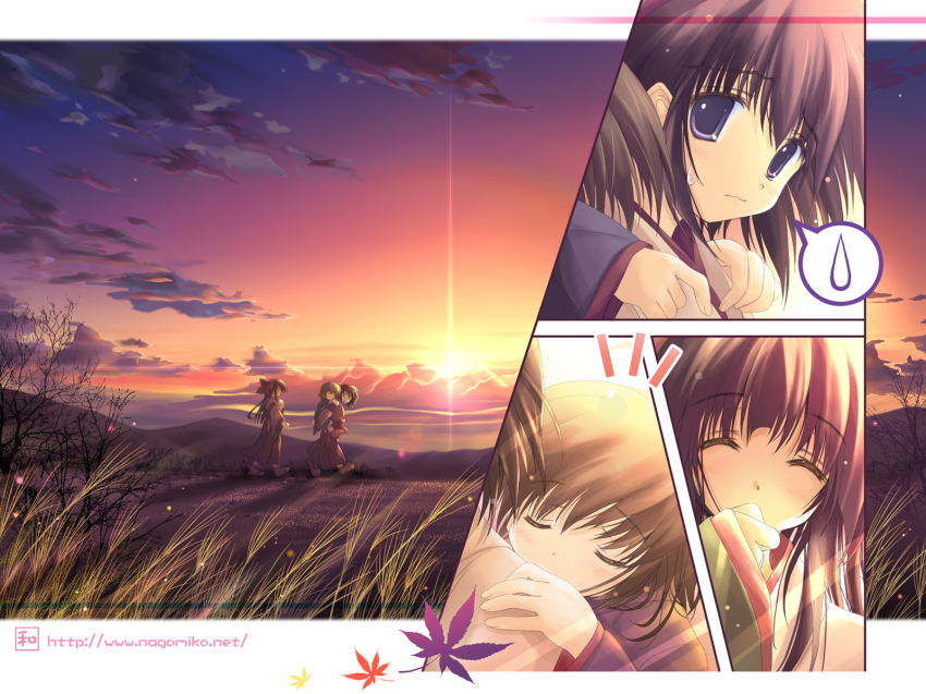 2girls, ^_^, carrying, closed_eyes, collage, highres, japanese_clothes, miko