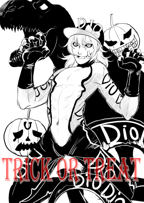 1boy, black_sclera, claws, colored_sclera, diego_brando, halloween, hat, jack-o'-lantern, jojo_no_kimyou_na_bouken, male_focus, miyasaki1130, pumpkin, scary_monsters_(stand), slit_pupils, solo, stand_(jojo), steel_ball_run, tail, trick_or_treat, tyrannosaurus_rex