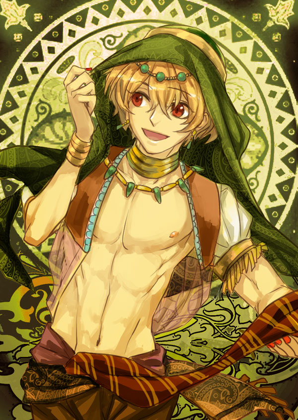 10s, 1boy, arabian_clothes, blonde_hair, bracelet, darkwinslow, free!, hazuki_nagisa, jewelry, keffiyeh, male_focus, red_eyes, solo, vest