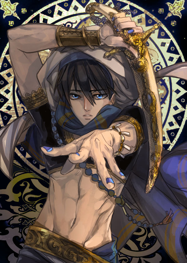10s, 1boy, arabian_clothes, black_hair, blue_eyes, bracer, darkwinslow, free!