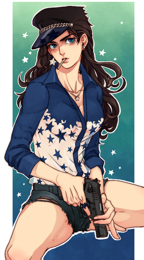 1girl, banysun, black_hair, blue_eyes, breasts, cigarette, cleavage, denim