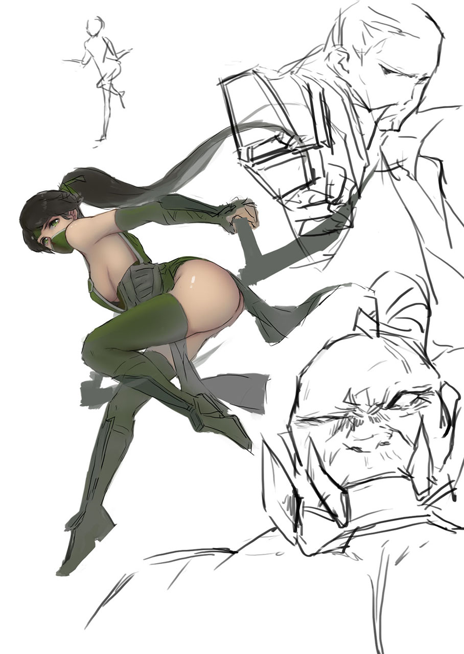 1girl, 2boys, akali, akali_(legacy), ass, black_hair, breasts, green_eyes, highres, kama_(weapon), large_breasts, league_of_legends, leaning_forward, long_hair, lucian_(league_of_legends), lucian_(valkyrie_profile), multiple_boys, ponytail, sickle, sideboob, simple_background, sion_(league_of_legends), sketch, sky_of_morika, thighhighs, thighs, white_background