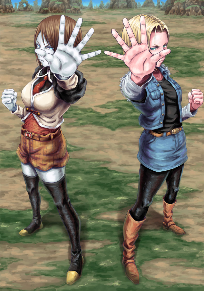 >:(, 10s, 2girls, android, android_18, angry, belt, belt_buckle, black_legwear, blonde_hair, blue_eyes, bob_cut, boots, breasts, brown_hair, buckle, buttons, clenched_hand, cloud, colored_skin, denim, denim_skirt, dragon_ball, dragon_ball_heroes, dragon_ball_heroes:_victory_mission, dragonball_z, fighting_stance, foreshortening, frown, full_body, grass, green_eyes, highres, hiropon_(katakoriman), knee_boots, long_sleeves, looking_at_viewer, miniskirt, multiple_girls, necktie, nico, nico_(dragon_ball), open_clothes, open_vest, outdoors, outstretched_arm, pantyhose, pencil_skirt, pocket, puffy_long_sleeves, puffy_sleeves, rock, shirt, short_hair, short_shorts, shorts, skirt, sky, standing, symmetry, thigh_boots, thighhighs, torn_clothes, unbuttoned, v-shaped_eyebrows, vest, white_skin, wing_collar, zettai_ryouiki