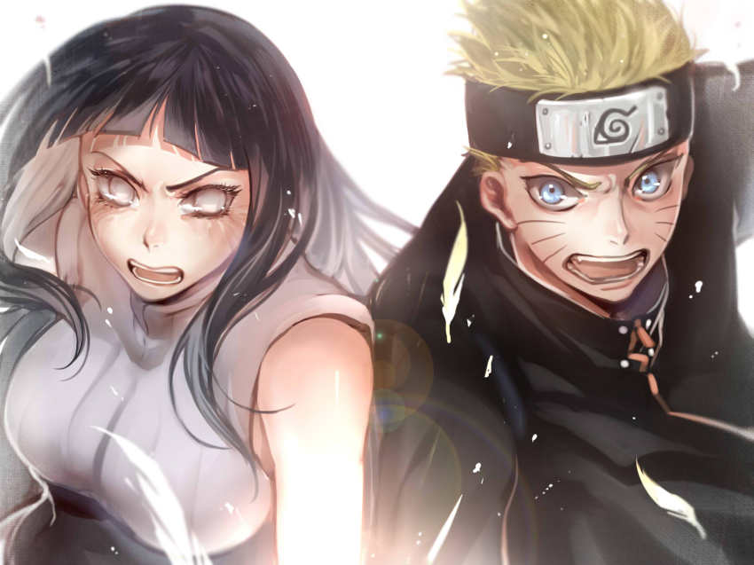 1boy, 1girl, black_hair, blonde_hair, blue_eyes, byakugan, forehead_protector, highres, hime_cut, hyuuga_hinata, long_hair, naruto:_the_last, naruto_(series), noahxica, open_mouth, purple_hair, short_hair, spiked_hair, uzumaki_naruto, whiskers, white_eyes