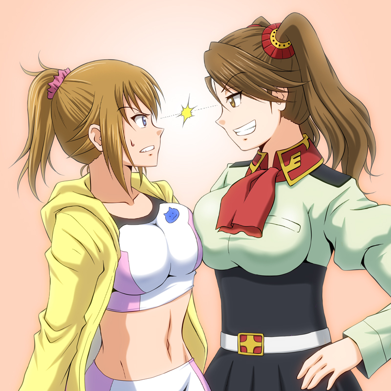 10s, 2girls, angry, ascot, asymmetrical_docking, blue_eyes, blush, breast_press, breasts, brown_eyes, brown_hair, clenched_teeth, eye_contact, female_focus, gradient_background, grin, gundam, gundam_build_fighters, gundam_build_fighters_try, hiro_yoshinaka, hoshino_fumina, jacket, large_breasts, long_hair, looking_at_another, multiple_girls, navel, ponytail, sazaki_kaoruko, scrunchie, smile, sports_bra, stare_down, tank_top, teeth, twintails