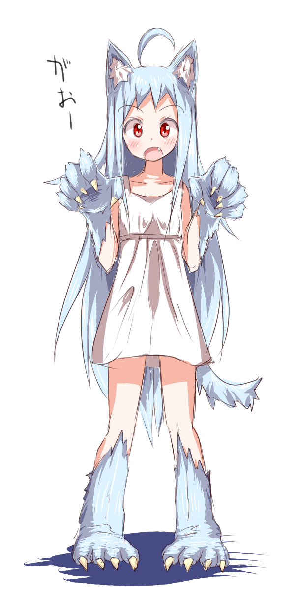 1girl, ahoge, animal_ears, blue_hair, blush, circle_garbage, dress, fang, female_focus, highres, long_hair, looking_at_viewer, monster_girl, open_mouth, red_eyes, simple_background, solo, standing, very_long_hair, white_background, wolf_ears, wolf_girl