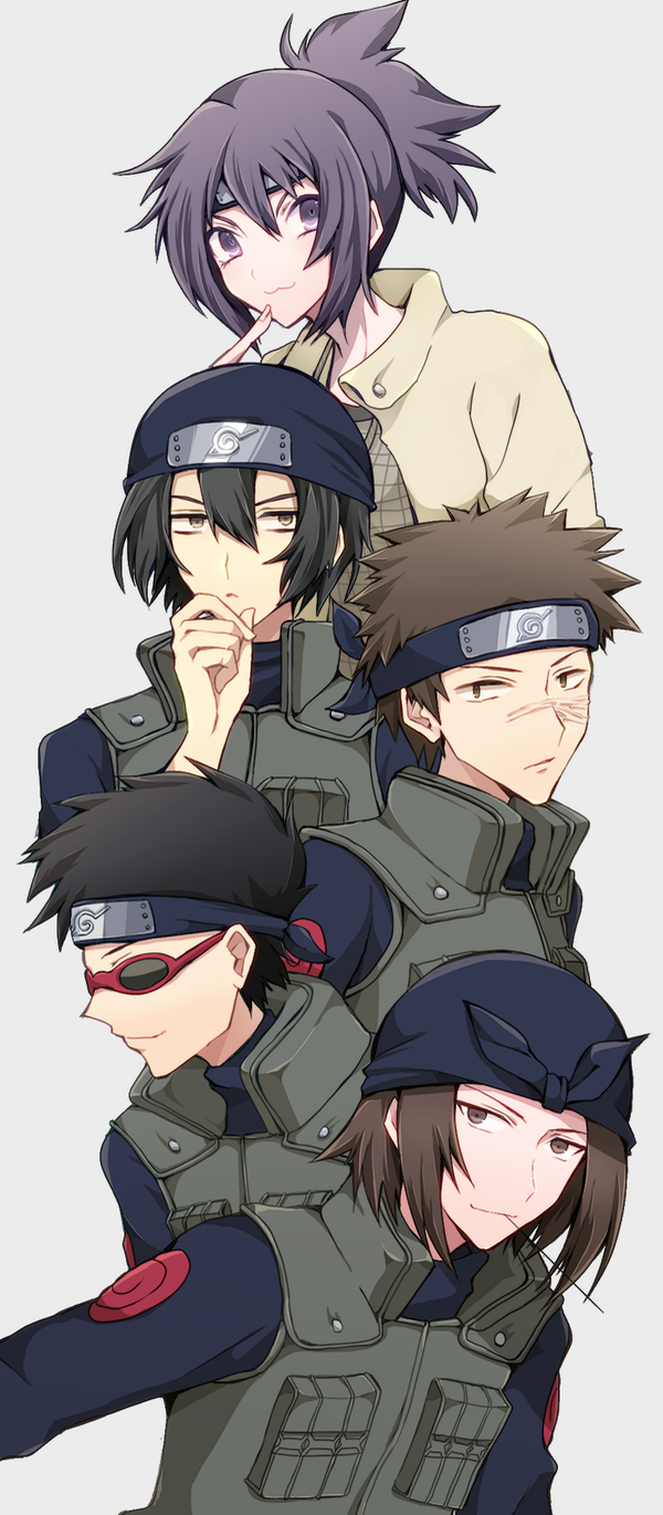 1girl, 4boys, artist_request, bandana, black_hair, breasts, brown_eyes, brown_hair
