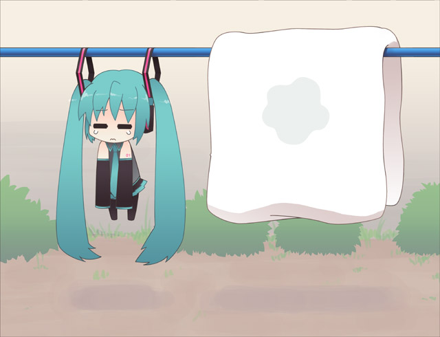 1girl, absurdly_long_hair, aqua_hair, aqua_necktie, black_thighhighs, chibi, detached_sleeves, female_focus
