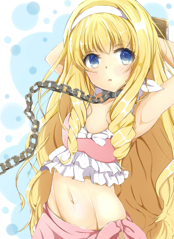 10s, 1girl, amagi_brilliant_park, armpits, arms_behind_head, bdsm, bikini, blonde_hair, blue_eyes, blush, bondage, bound, chain, chain_leash, collar, drill_hair, female_focus, latifa_fleuranza, leash, long_hair, looking_at_viewer, matsurika_(j297021302), navel, solo, stocks, swimsuit, thighs, twin_drills, very_long_hair, viewer_holding_leash