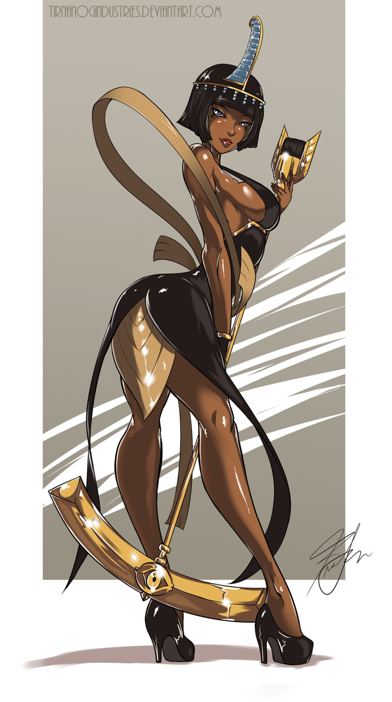 1girl, ancient_egyptian, bare_shoulders, black_dress, black_hair, blue_eyes, blunt_bangs, bob_cut