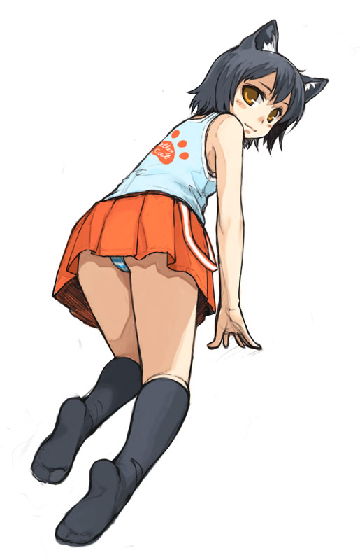 animal_ears, cat_ears, hito, kneehighs, original, panties, pantyshot, skirt, socks, striped_clothes, striped_panties, suspenders, underwear