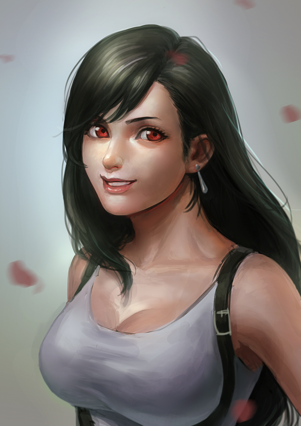 1990s_(style), 1girl, black_hair, blurry, breasts, cleavage, depth_of_field, earrings, female_focus, final_fantasy, final_fantasy_vii, highres, jewelry, large_breasts, portrait, realistic, red_eyes, retro_artstyle, skyfiss, smile, solo, tank_top, tifa_lockhart