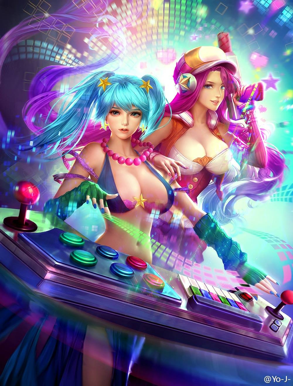 2girls, alternate_costume, arcade_miss_fortune, arcade_sona, arm_warmers, blue_eyes, blue_hair, breasts