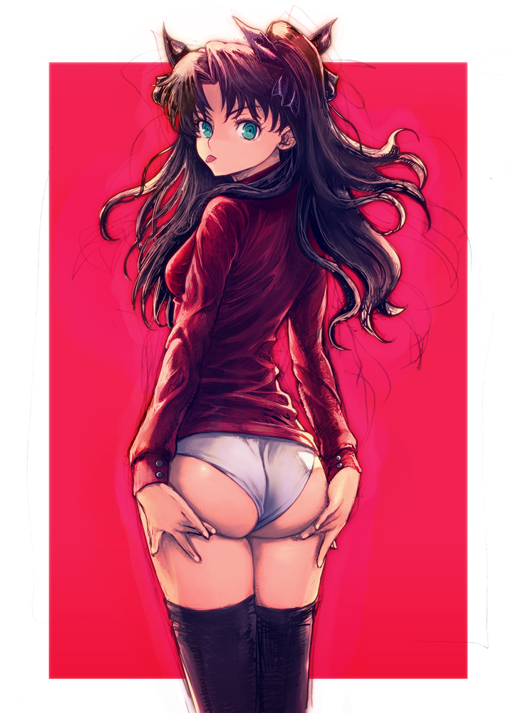 1girl, :p, ass, back, black_hair, black_thighhighs, blue_eyes, bow