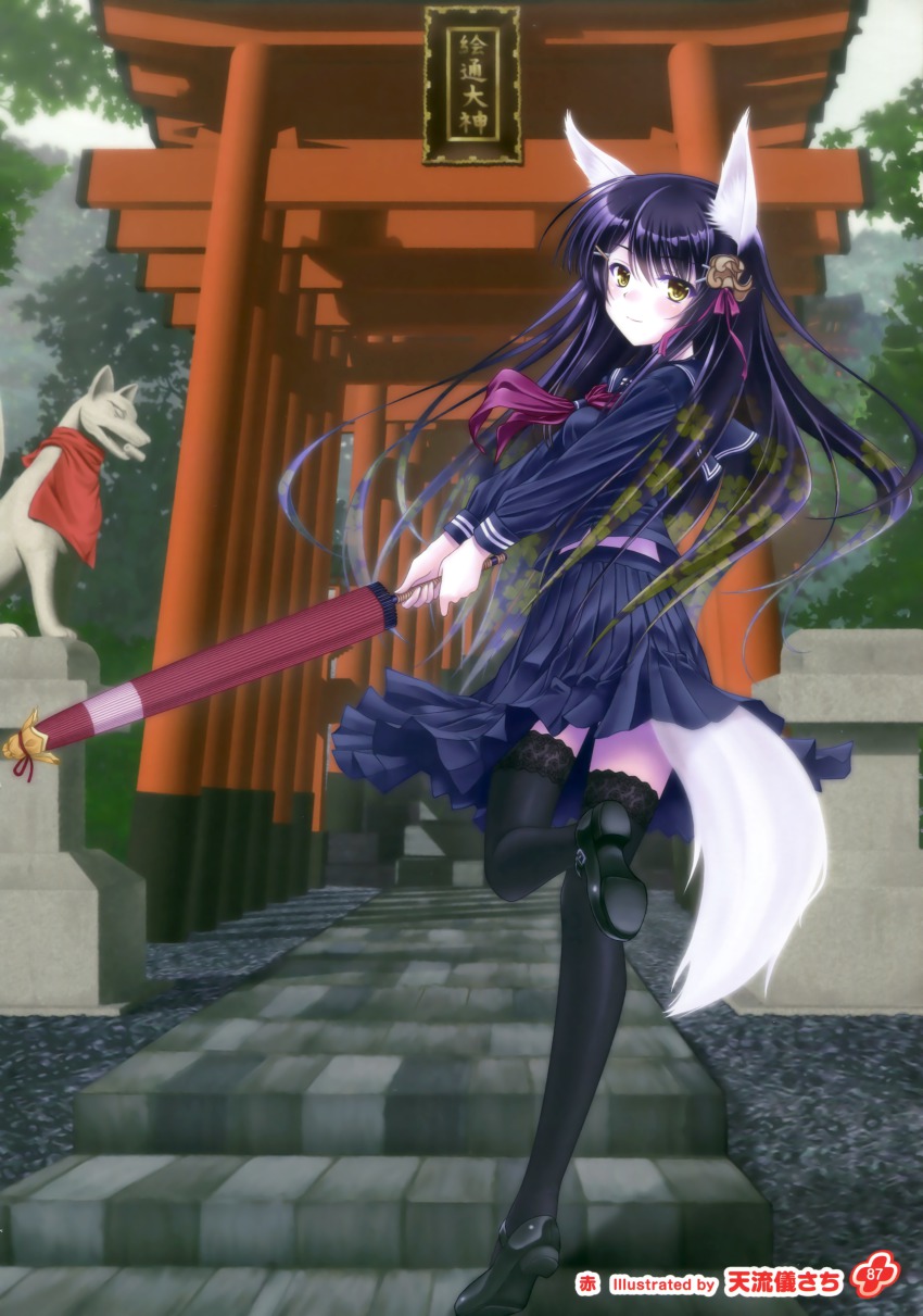 1girl, absurdres, amarugi_sachi, animal_ears, bandana, black_shoes, black_thighhighs, blouse