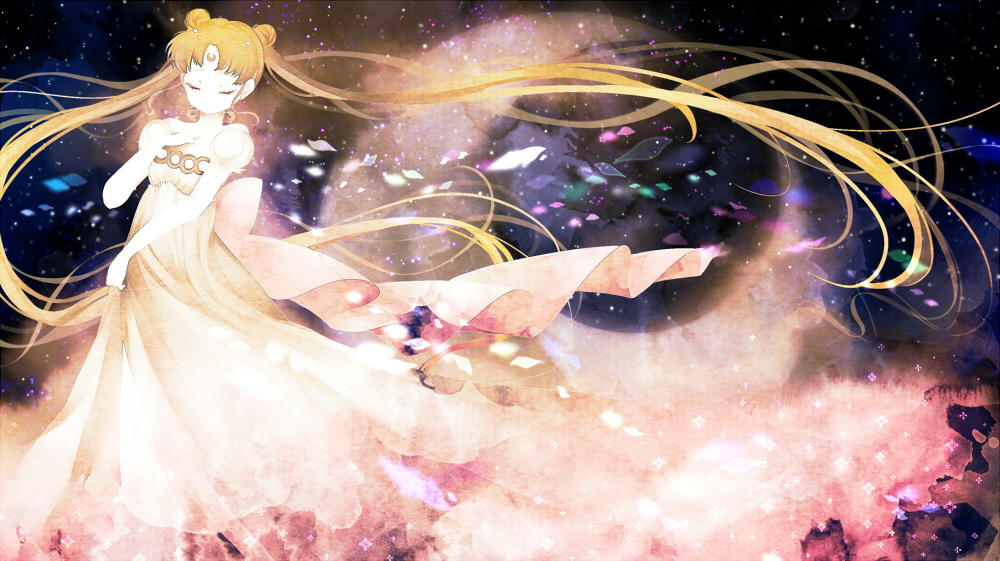 1girl, bishoujo_senshi_sailor_moon, blonde_hair, closed_eyes, crescent, crescent_facial_mark, crescent_moon, double_bun