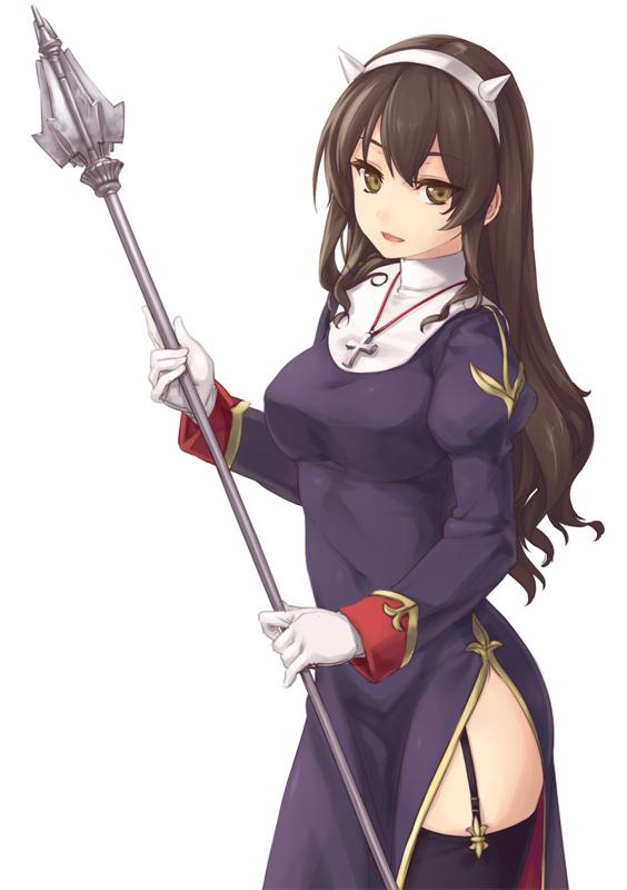 1girl, alternate_costume, ashigara_(kancolle), brown_eyes, brown_hair, cosplay, cross, female_focus, garter_belt, garter_straps, gloves, hairband, jewelry, jpeg_artifacts, kantai_collection, latin_cross, long_hair, looking_at_viewer, necklace, priest_(ragnarok_online), priest_(ragnarok_online)_(cosplay), ragnarok_online, rokuwata_tomoe, simple_background, solo, standing, thighhighs, weapon, white_background