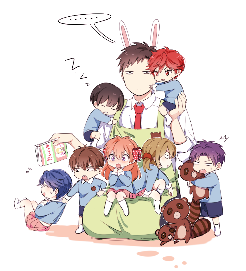 ..., 10s, 3girls, 5boys, aged_down, animal_ears, animal_print, apron