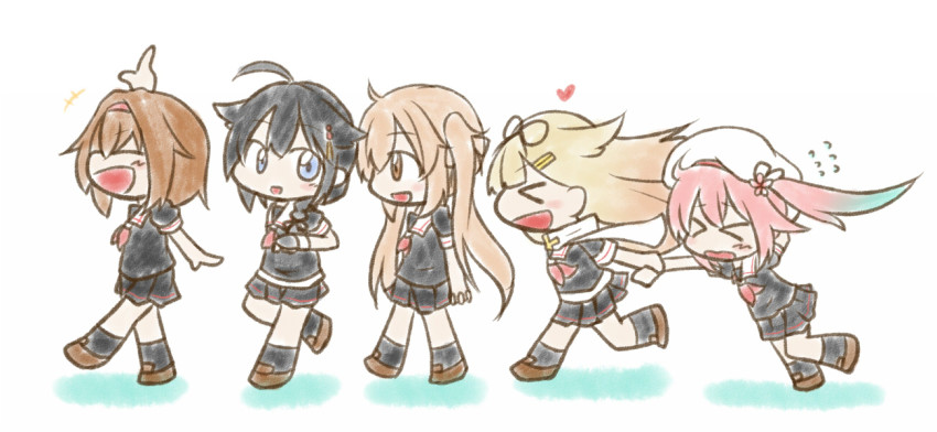 >_<, 10s, 5girls, 5k_hanasaki, :d, ahoge, beret, black_hair, black_serafuku, blonde_hair, blue_eyes, blue_hair, brown_eyes, brown_hair, chibi, colored_shadow, closed_eyes, flower, flying_sweatdrops, gradient_hair, hair_flaps, hair_flower, hair_ornament, hair_ribbon, hairband, hairclip, harusame_(kancolle), hat, heart, kantai_collection, long_hair, multicolored_hair, multiple_girls, murasame_(kancolle), open_mouth, pink_hair, pleated_skirt, remodel_(kantai_collection), ribbon, school_uniform, serafuku, shadow, shigure_(kancolle), shiratsuyu_(kancolle), short_hair, side_ponytail, skirt, smile, twintails, two-tone_hair, walking, white_background, yuudachi_(kancolle)