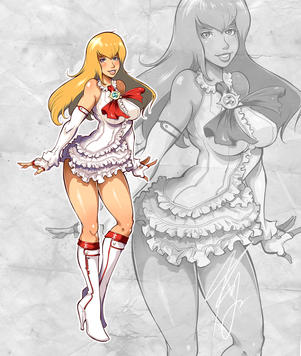 1girl, adapted_costume, bare_shoulders, blonde_hair, blush, boots, breasts, brown_eyes