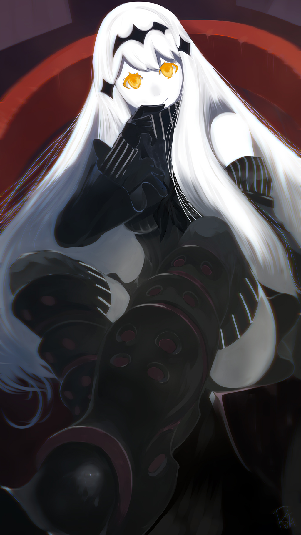 10s, 1girl, abyssal_ship, aircraft_carrier_water_oni, armor, armored_boots, artist_name, bare_shoulders