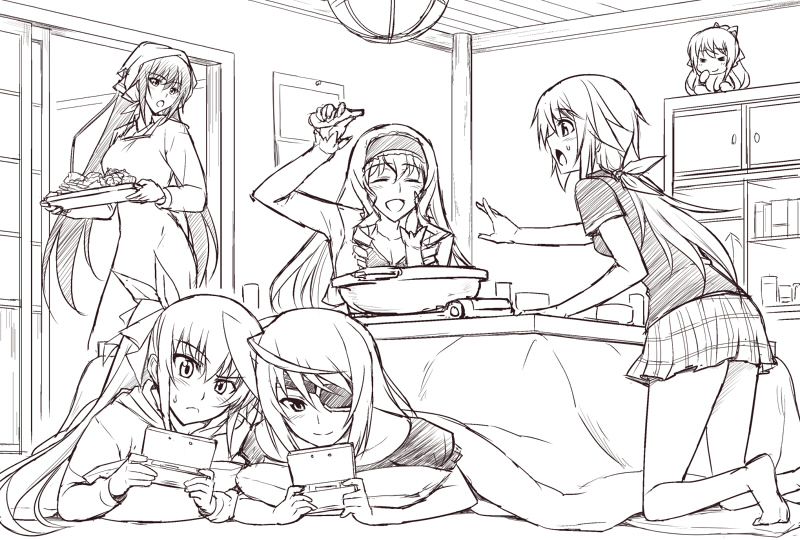10s, 6+girls, apron, cecilia_alcott, charlotte_dunois, eyepatch, food, handheld_game_console, huang_lingyin, infinite_stratos, ishigaki_takashi, kotatsu, laura_bodewig, long_hair, moppy_(infinite_stratos), multiple_girls, nintendo_3ds, pillow, shinonono_houki, slice_of_life, table, under_kotatsu, under_table