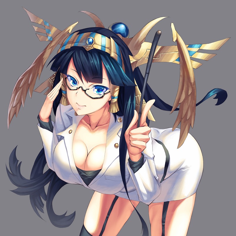 1girl, ancient_egyptian, ayster, bent_over, black_hair, blue_eyes, breasts, cleavage, downblouse, female_focus, garter_straps, glasses, headdress, isis_(p&amp;d), large_breasts, long_hair, pointer, puzzle_&amp;_dragons, rari_(badominton), semi-rimless_eyewear, skirt, skirt_set, solo, thighhighs, under-rim_eyewear