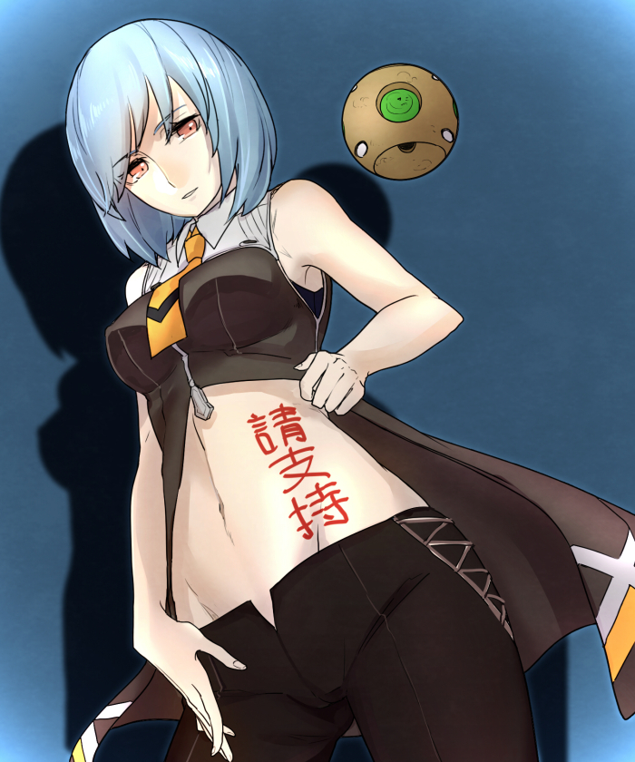 1girl, bare_shoulders, blue_hair, body_writing, breasts, female_focus, gloves, groin