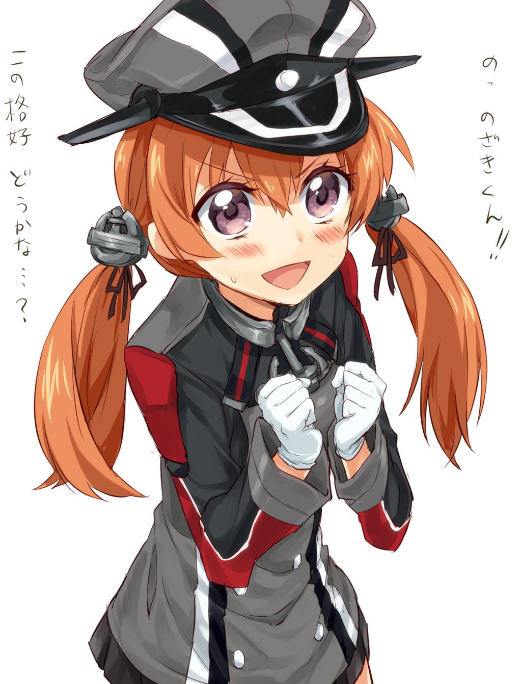 >:d, 1girl, :d, anchor_hair_ornament, black_ribbon, black_skirt, blush, cosplay, female_focus, gekkan_shoujo_nozaki-kun, gloves, hair_ornament, hair_ribbon, hat, highres, jpeg_artifacts, kantai_collection, long_hair, long_sleeves, maru_eda, maruki_(punchiki), md5_mismatch, microskirt, military, military_uniform, open_mouth, orange_hair, ozawa_ari, peaked_cap, pleated_skirt, prinz_eugen_(kancolle), prinz_eugen_(kancolle)_(cosplay), purple_eyes, resized, resolution_mismatch, ribbon, sakura_chiyo, simple_background, skirt, smile, solo, source_larger, sweatdrop, translated, v-shaped_eyebrows, voice_actor_connection, white_background, white_gloves