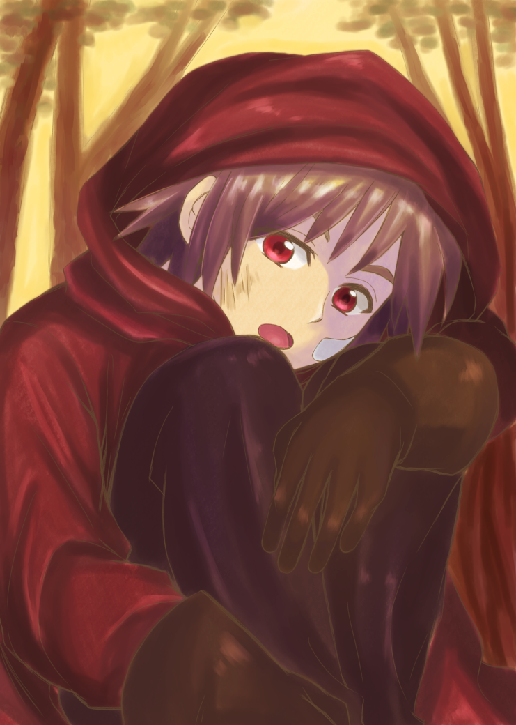 androgynous, bandaid, brown_hair, cloak, forest, gender_request, gloves, hood, hooded_cloak, kr96, looking_at_viewer, nature, open_mouth, original, red_eyes, scratches, short_hair, sitting, solo, thick_eyebrows, tree