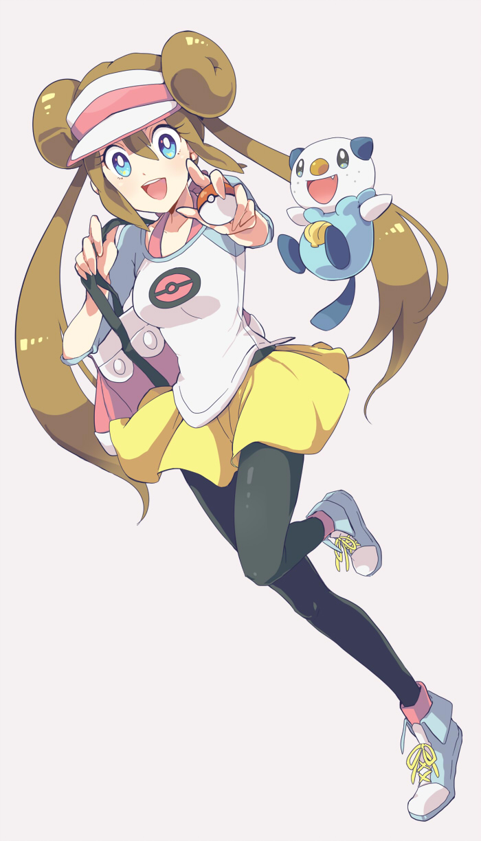 10s, 1girl, bad_id, bad_pixiv_id, bag, black_pantyhose, blue_eyes, bow, brown_hair, double_bun, gen_5_pokemon, hair_bun, handbag, highres, holding, holding_poke_ball, leg_up, long_hair, nago_celica, nintendo, open_mouth, oshawott, pantyhose, poke_ball, pokemon, pokemon_(creature), pokemon_black_2_and_white_2, raglan_sleeves, rosa_(pokemon), shoes, shorts, sneakers, solo_focus, twintails, very_long_hair, visor_cap