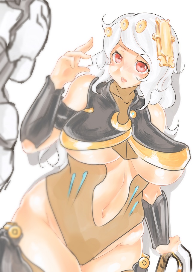 1girl, bare_shoulders, blush, bracer, breasts, curvy, female_focus, groin, hair_ornament, highleg, huge_breasts, leotard, long_hair, maboroshi_kirin, navel, plump, red_eyes, rhino_(warframe), rhino_prime_(warframe), simple_background, solo, standing, thick_thighs, thighs, underboob, warframe, white_hair, wide_hips