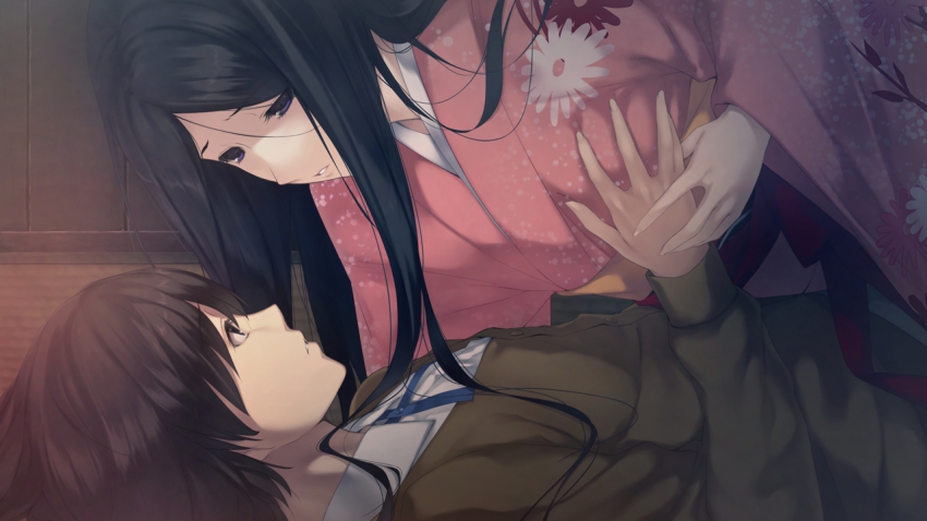 1boy, 1girl, aged_down, assertive_female, bow, bowtie, couple, eye_contact, game_cg, girl_on_top, grabbing_another's_breast, groping, guided_breast_grab, guiding_hand, hetero, hinagami_ayato, innocent_grey, japanese_clothes, kara_no_shoujo_2, long_hair, looking_at_another, lying, satsuki_(kara_no_shoujo), shigusa_ayako, short_hair, sugina_miki, sweater, very_long_hair