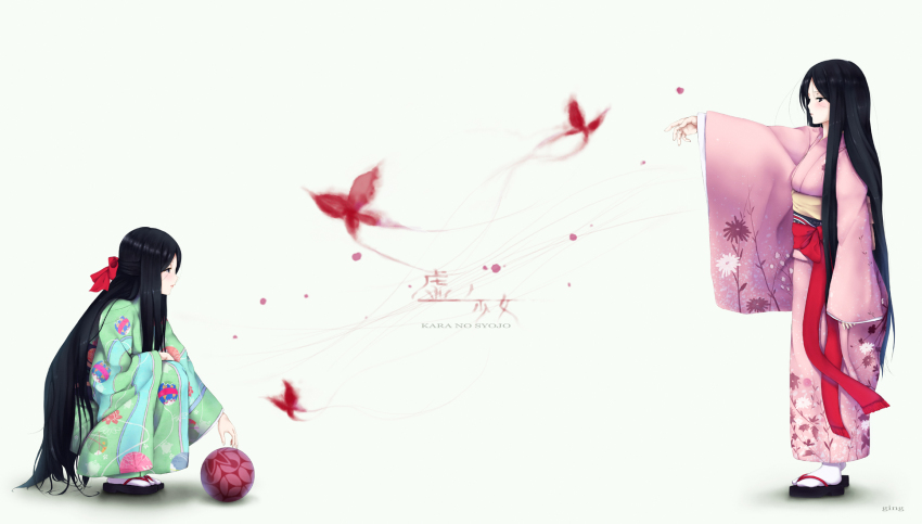 2girls, black_hair, bow, bug, butterfly, from_side, ging_(tokushima), hair_bow, half_updo, hand_on_own_thigh, highres, insect, japanese_clothes, kara_no_shoujo_2, kimono, kneeling, long_hair, multiple_girls, paper_ball, satsuki_(kara_no_shoujo), shigusa_ayako, simple_background, standing, tabi, very_long_hair, white_background
