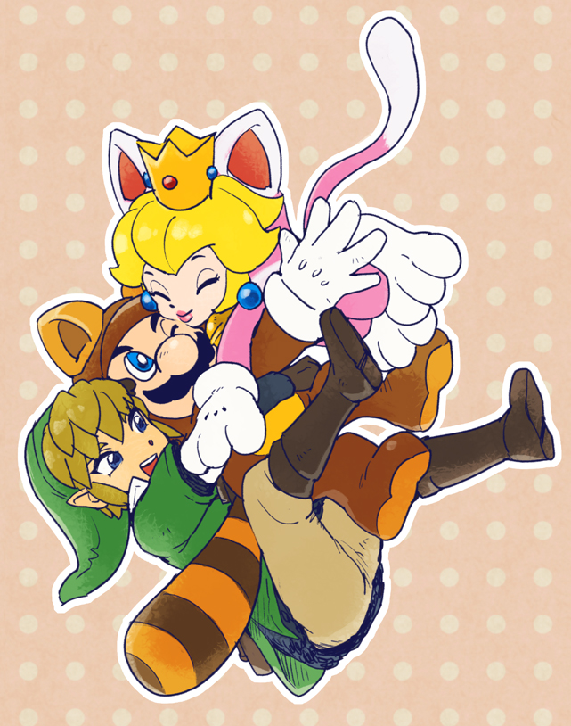 1girl, 2boys, animal_costume, animal_ears, bad_id, bad_pixiv_id, blonde_hair, blue_eyes