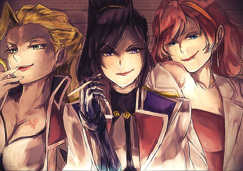 10s, 3girls, black_hair, blonde_hair, blue_eyes, cigarette, cross_ange, green_eyes