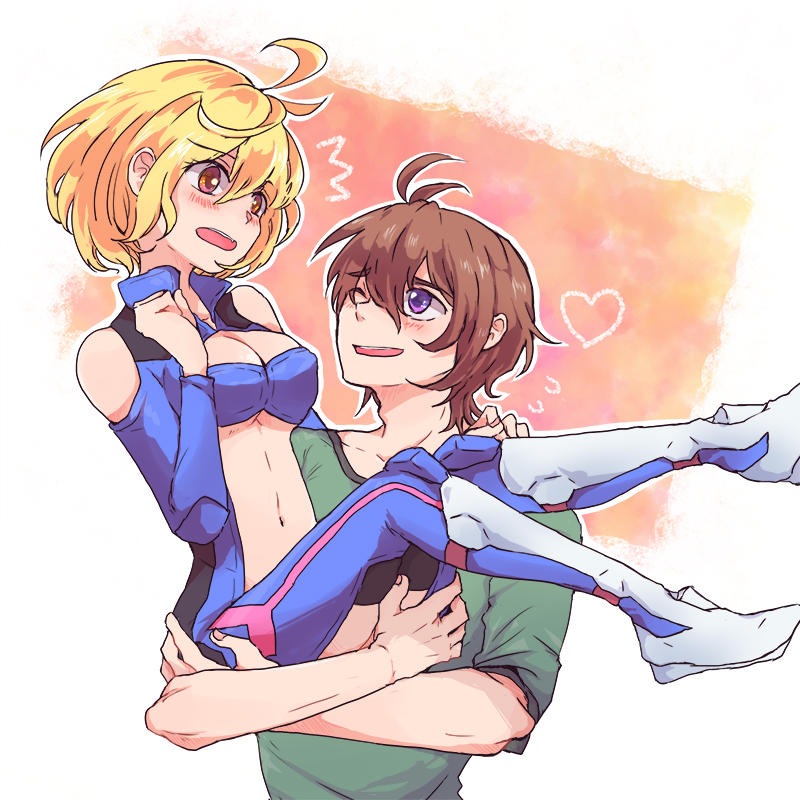 10s, 1boy, 1girl, ahoge, angelise_ikaruga_misurugi, bare_shoulders, blonde_hair, blush