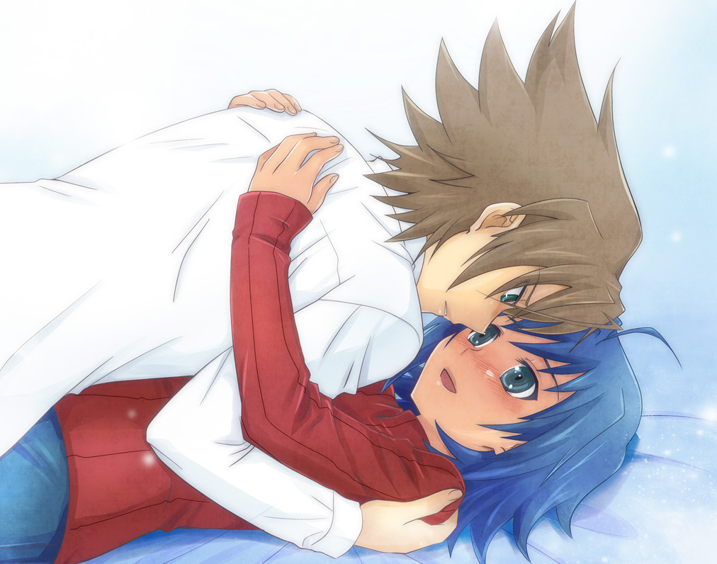 10s, 2boys, ahoge, akari_seisuke, blue_hair, blush, brown_hair, cardfight!!_vanguard, child, green_eyes, hug, kai_toshiki, male_focus, multiple_boys, on_person, open_mouth, ribbed_sweater, sendou_aichi, short_hair, smile, sweater, turtleneck, umigame, yaoi